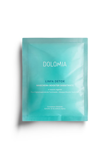 Dolomia Linfa Detox Feuchtigkeitsspendende Tuchmaske – Ein intensiver Feuchtigkeits-Booster für einen erfrischten und belebten Teint. Erhältlich im Shop der Helios Apotheke Klosters.
